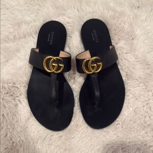 Gucci Black and Gold Sandals with Signature GG Hardware